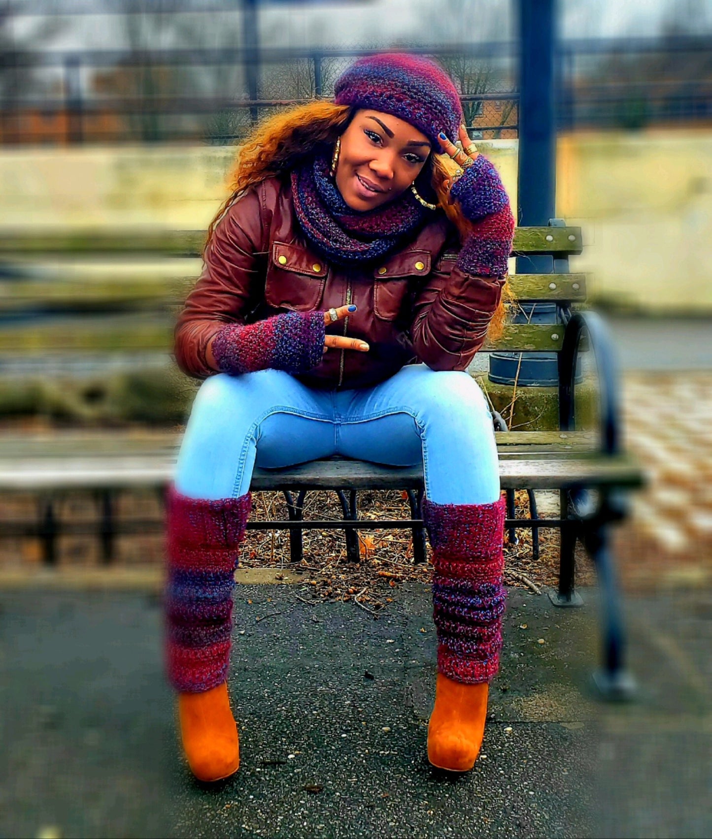 Crocheted Hat, Infinity Scarf, Fingerless Gloves & Leg Warmers